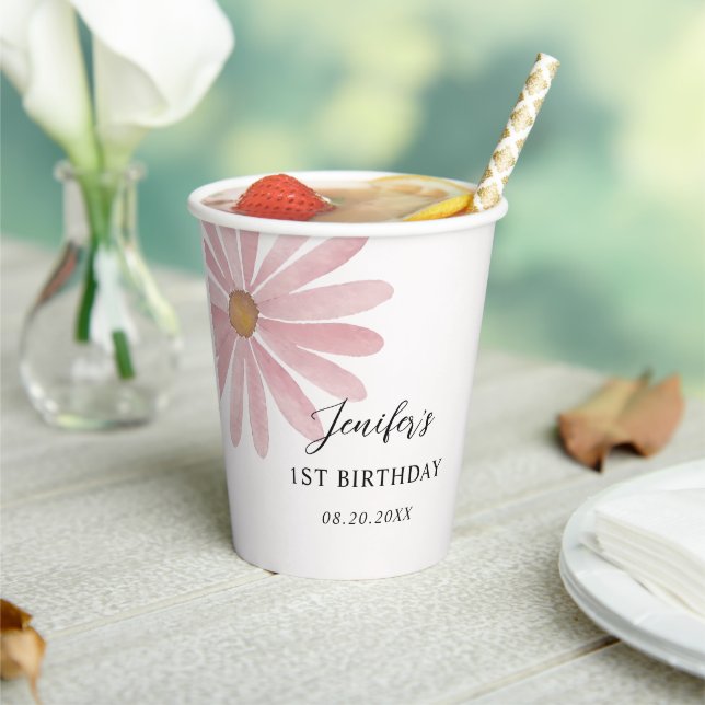 Daisy Pink Girl First Birthday Party  Paper Cups (Insitu)