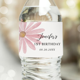 Daisy Pink Girl First Birthday Party  Water Bottle Label