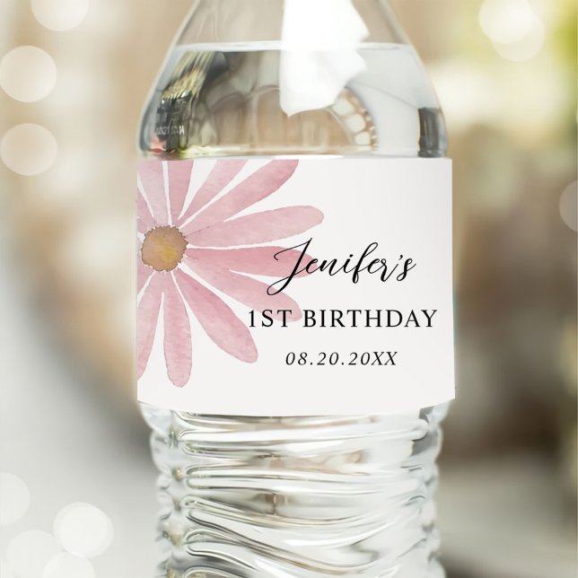 Daisy Pink Girl First Birthday Party  Water Bottle Label (Creator Uploaded)