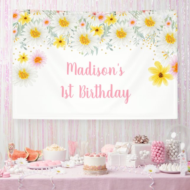 Daisy Pink Gold Wild One First Birthday Banner (Party)