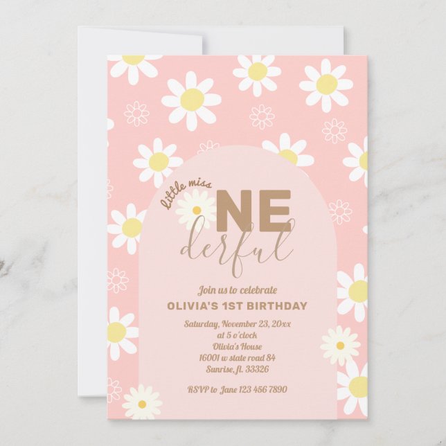 Daisy Pink Little Miss ONEderful Girl 1st Birthday Invitation (Front)