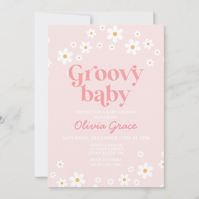 Daisy Pink Retro Groovy Baby Shower Invitation (Front)