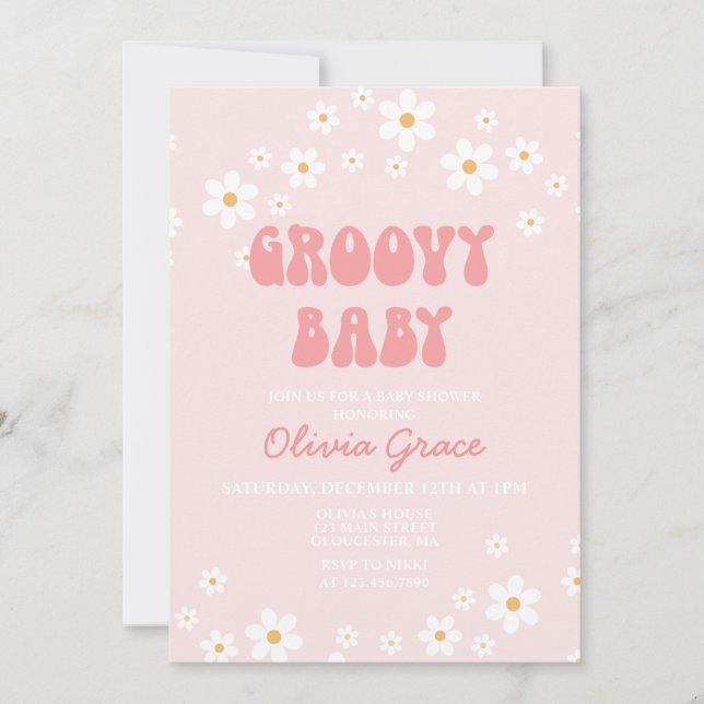 Daisy Pink Retro Groovy Baby Shower Invitation (Front)