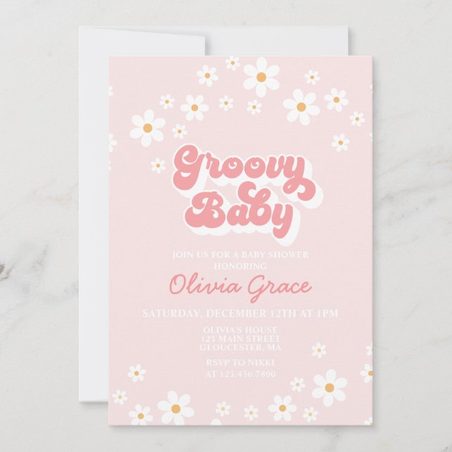 Daisy Pink Retro Groovy Baby Shower Invitation (Front)