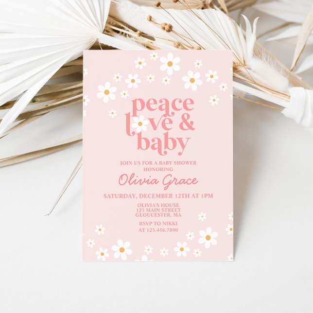 Daisy Pink Retro Peace Love Baby Shower Invitation (Creator Uploaded)