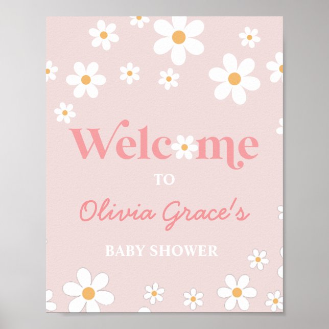 Daisy Pink Retro Peace Love Baby Shower Welcome Po Poster (Front)