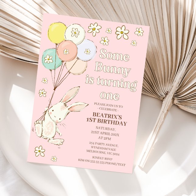 Daisy Pink Some Bunny Is Turning One 1st Birthday Invitation (Light pink modern some bunny is turning one 1st birthday invitation with balloons and daises.)