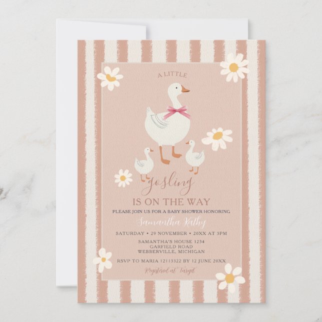 Daisy Pink Striped Cute Little Gosling Baby Shower Invitation (Front)