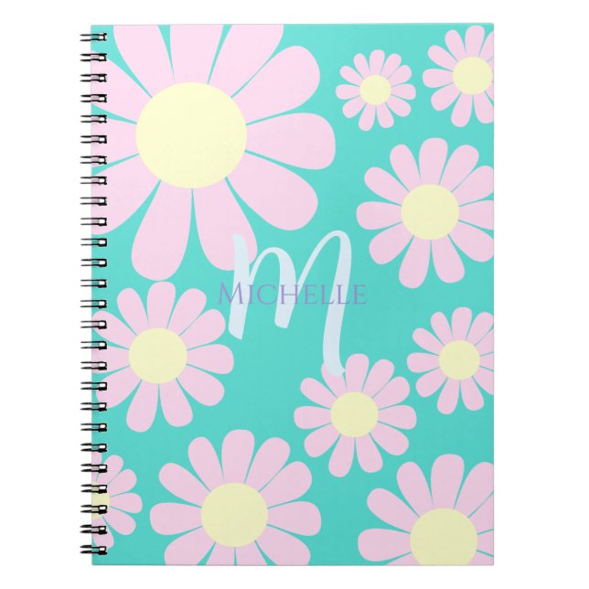 Daisy Pink Teal Monogram Notebook (Front)
