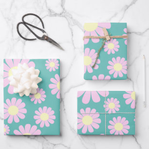 Daisy Pink Teal  Wrapping Paper Sheet