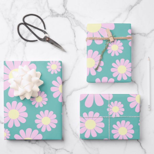 Daisy Pink Teal  Wrapping Paper Sheet (Front)