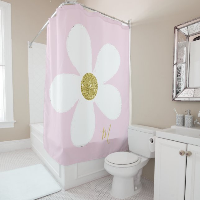 Daisy Pink White Simple  Floral Gold Personal Shower Curtain (In Situ)