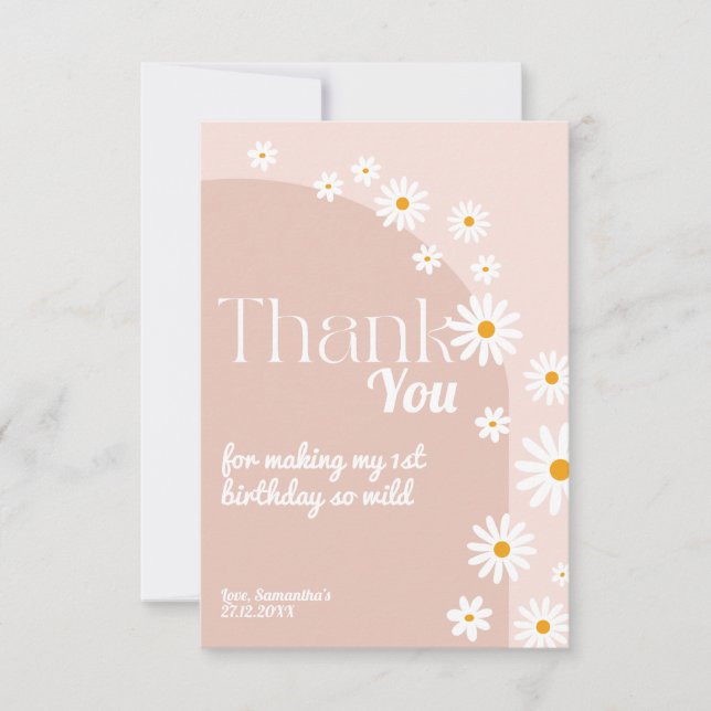 Daisy pink wild one Girl 1st Birthday Thank You Card (Front)