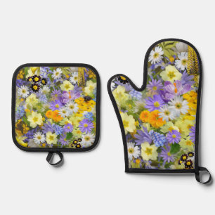 Daisy ,Primrose, Daffodil Flowers Oven Mitt & Pot Holder Set
