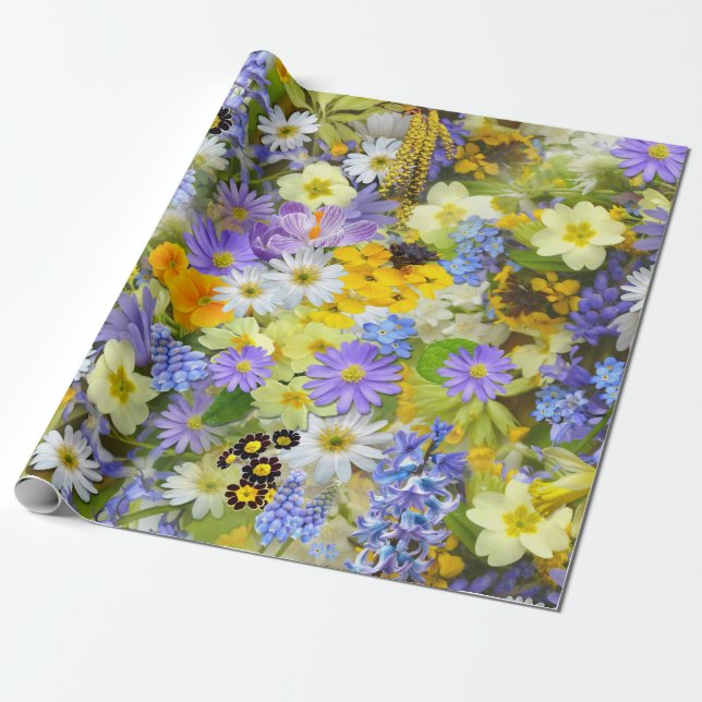 Daisy ,Primrose, Daffodil Flowers Wrapping Paper (Unrolled)