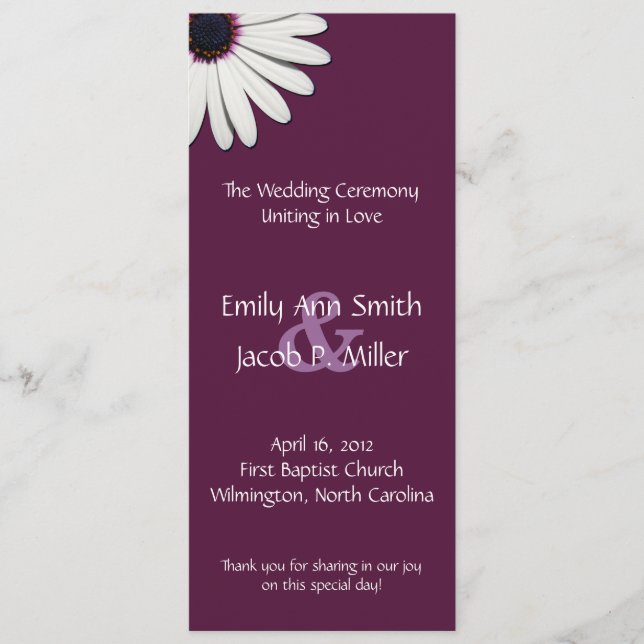 Daisy Purple Wedding Programs Programme (Front)