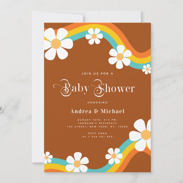 Daisy Rainbow Retro Typography Hippie Baby Shower  Invitation (Front)