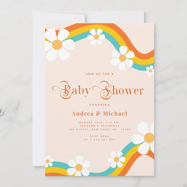 Daisy Rainbow Retro Typography Hippie Baby Shower  Invitation (Front)