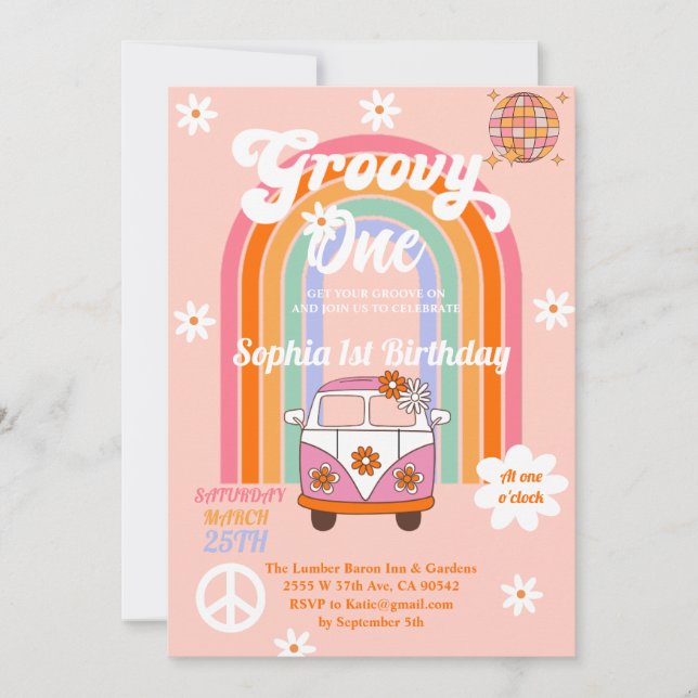 Daisy Rainbow Van Groovy One 1st Birthday Party Invitation (Front)