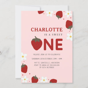 Daisy Red Strawberry 1st Summer Birthday Invitation