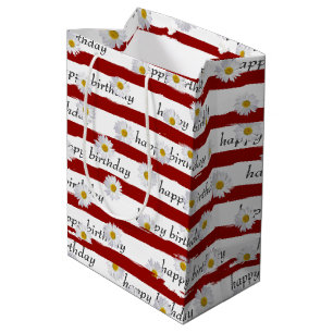 Daisy Red Stripes Birthday Medium Gift Bag