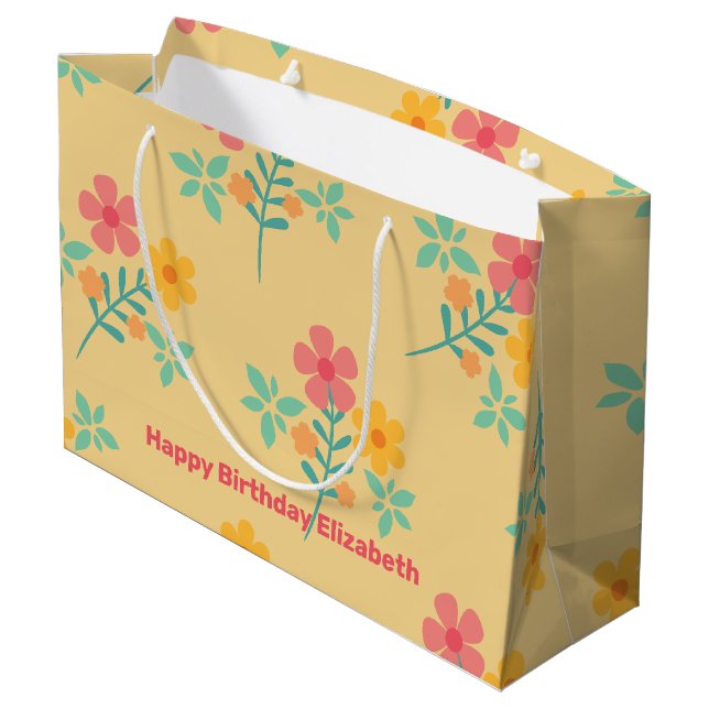 Daisy Retro Bouquet Pattern in Yellow Customised  Large Gift Bag (Back Angled)