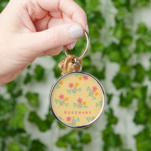 Daisy Retro Bouquet Pattern in Yellow  Key Ring