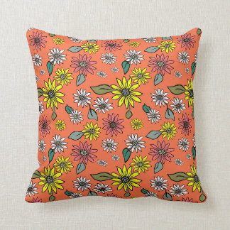 Daisy Retro Orange Square Throw Pillow