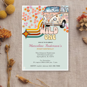 Daisy & Retro Van Floral Wild One 1st Birthday  Invitation