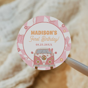 Daisy & Retro Van Pastel Groovy 1st Birthday Classic Round Sticker