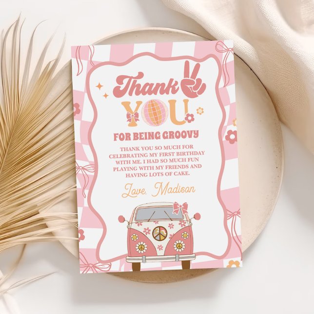 Daisy & Retro Van Pastel Groovy 1st Birthday Thank You Card (Creator Uploaded)