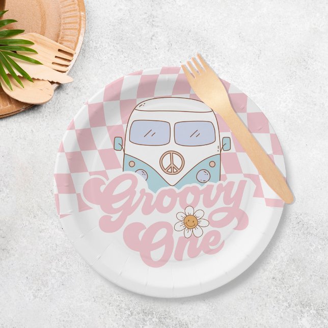 Daisy & Retro Van Pink Groovy One 1st Birthday Paper Plate (Creator Uploaded)
