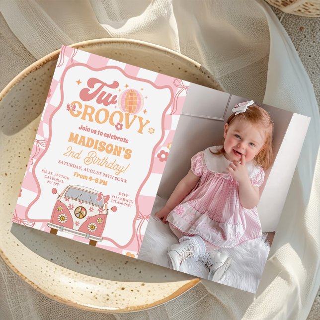 Daisy & Retro Van Two Groovy 2nd Birthday Photo Invitation (Creator Uploaded)