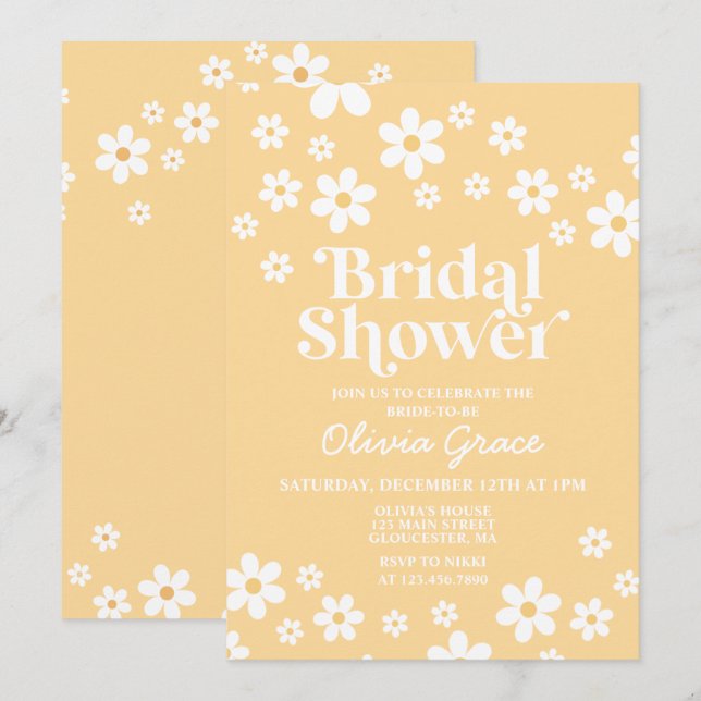 Daisy Retro yellow Floral Bridal Shower Invitation (Front/Back)