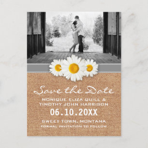 Daisy Ribbon - Burlap Grey & White Save the Date Announcement Postcard