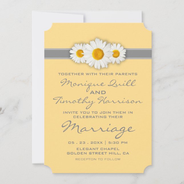 Daisy Ribbon - Yellow Grey & White Wedding Invitation (Front)