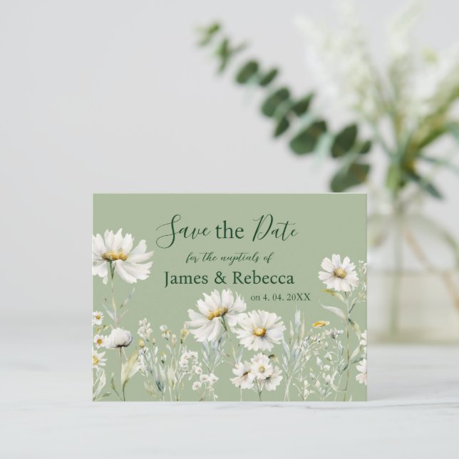 Daisy Sage & Botanical Wedding Save the Date Postcard (Standing Front)