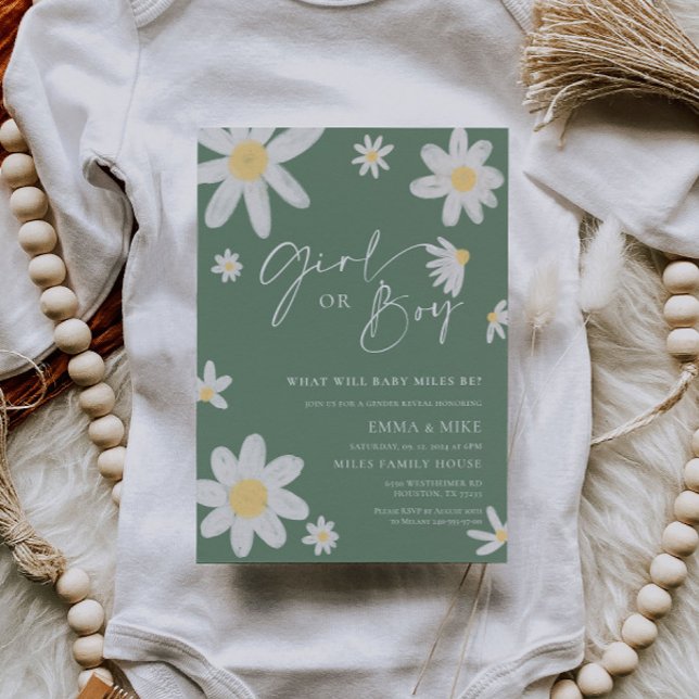 Daisy Sage Green Gender Reveal Girl or Boy Invitation (Creator Uploaded)