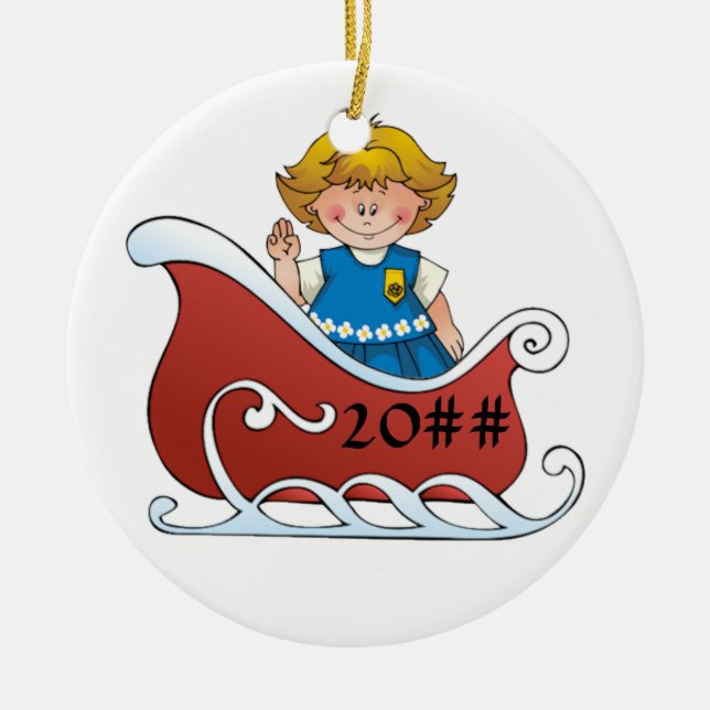 Daisy Scout Sled Blonde Ceramic Tree Decoration (Front)