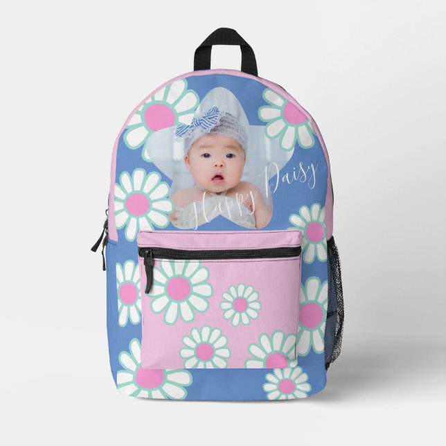Daisy Simple Blue Pink Photo Printed Backpack (Front)