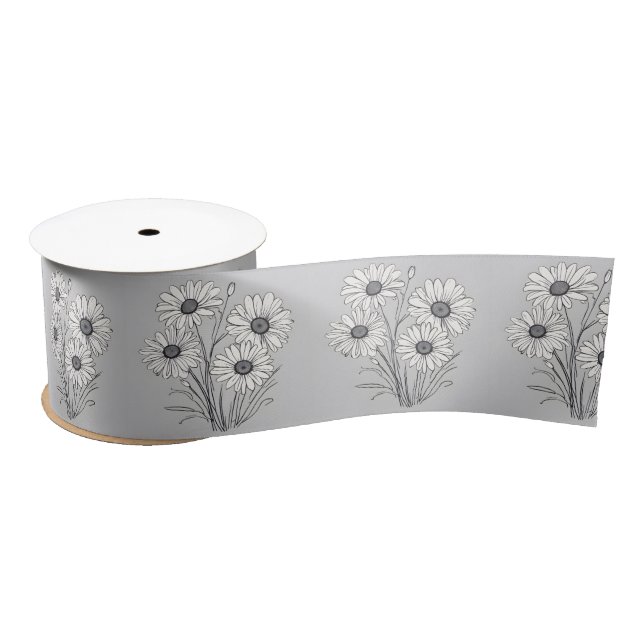 Daisy Sketch On Silver Satin Ribbon (Spool)