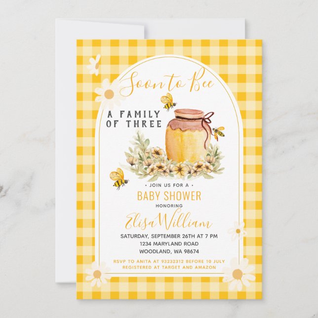 Daisy Soon to Bee a Family of 3 Baby Shower  Invitation (Front)