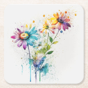 Daisy Spatter, vivid colours, Square Paper Coaster