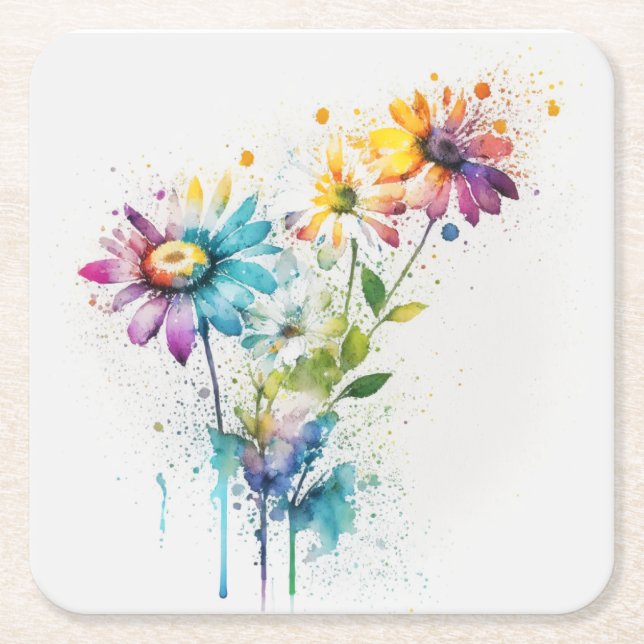 Daisy Spatter, vivid colours,  Square Paper Coaster (Front)