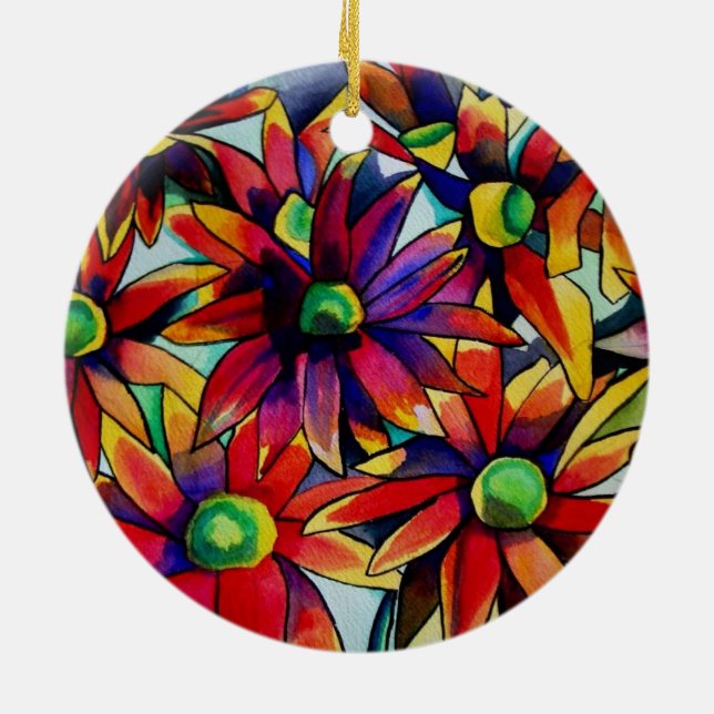 Daisy Straw multicoloured wildflowers art Ceramic Tree Decoration (Back)