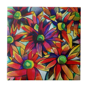 Daisy Straw multicoloured wildflowers art Tile