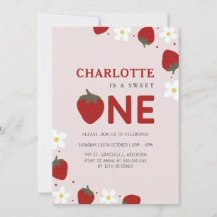 Daisy Strawberry Light Grey 1st Summer Birthday Invitation