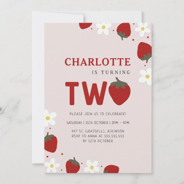 Daisy Strawberry Light Grey 2nd Summer Birthday Invitation (Front)