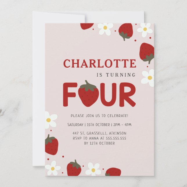 Daisy Strawberry Light Grey 4th Summer Birthday Invitation (Front)