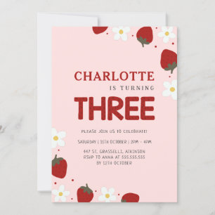Daisy Strawberry Pink 3rd Summer Birthday Invitation